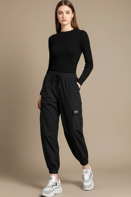 Pantalon Parachute Noir Cargo Fluide Femme Sport - Polyester