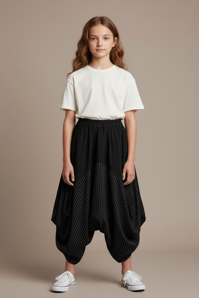 Pantalon Parachute Noir Rayé Ample Fille Décontracté - Polyester