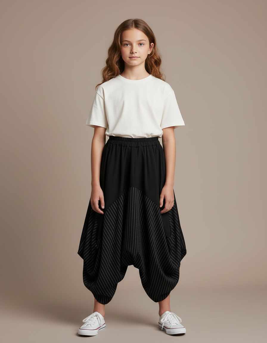 Pantalon Parachute Noir Rayé Ample Fille Décontracté - Polyester