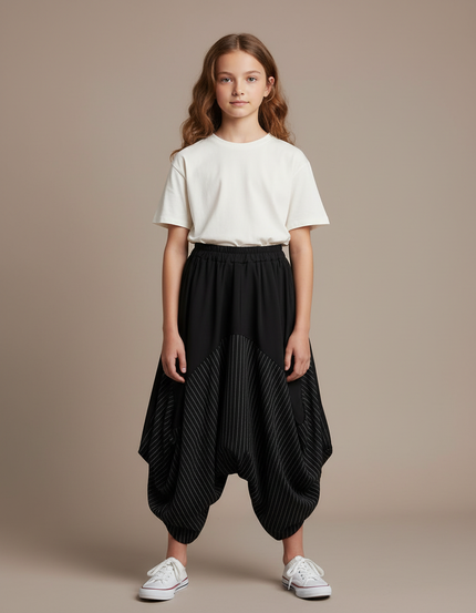 Pantalon Parachute Noir Rayé Ample Fille Décontracté - Polyester