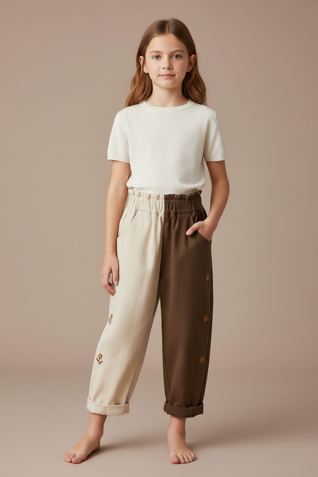 Pantalon Parachute Bicolore Coton Ample Broderie Enfant - Multicolore Molleton