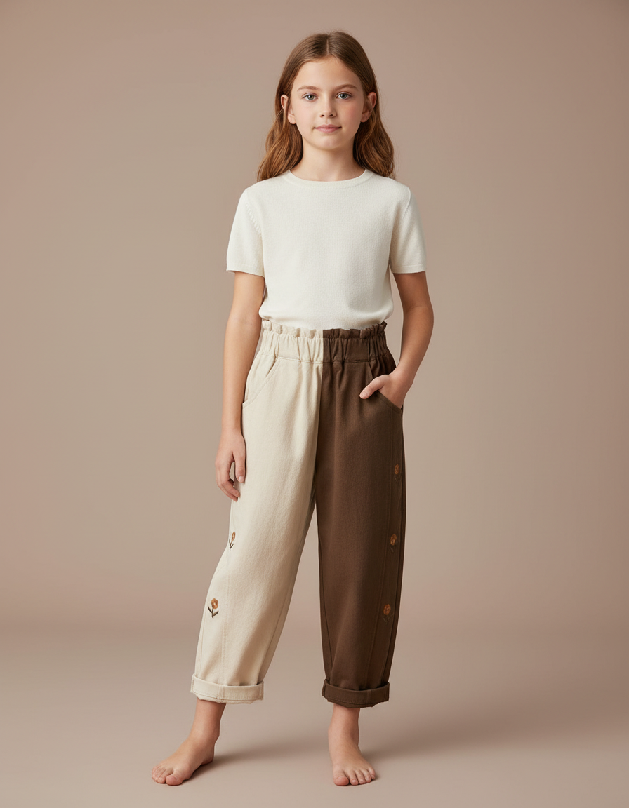 Pantalon Parachute Bicolore Coton Ample Broderie Enfant - Multicolore Molleton