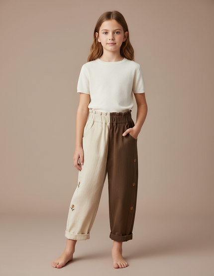 Pantalon Parachute Bicolore Coton Ample Broderie Enfant - Multicolore Molleton