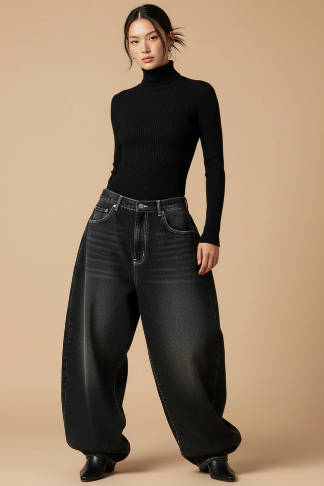 Pantalon Parachute Noir Délavé Ample Denim Femme - Jean