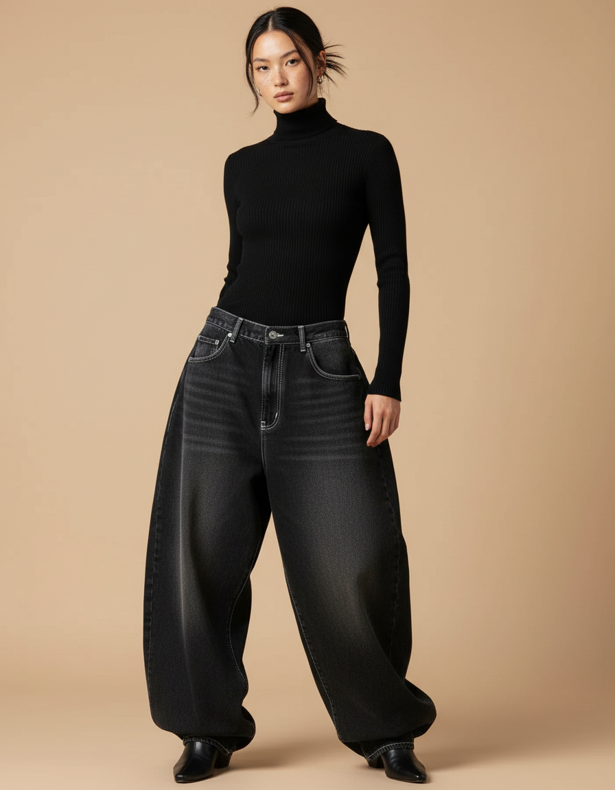 Pantalon Parachute Noir Délavé Ample Denim Femme - Jean