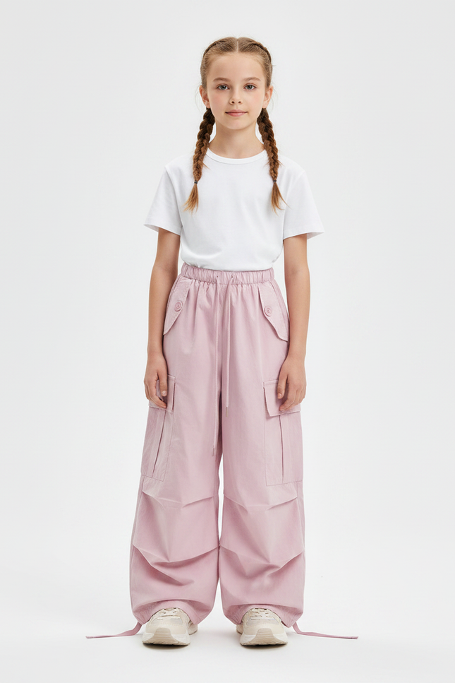 Pantalon Parachute Rose Cargo Ample Multipoches Enfant - Polyester
