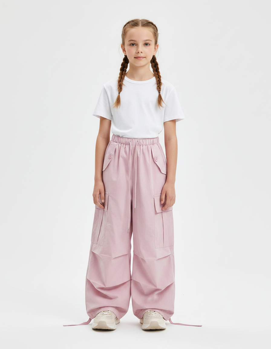 Pantalon Parachute Rose Cargo Ample Multipoches Enfant - Polyester