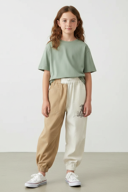 Pantalon Parachute Bicolore Coton Brodé Ample Enfant - Multicolore