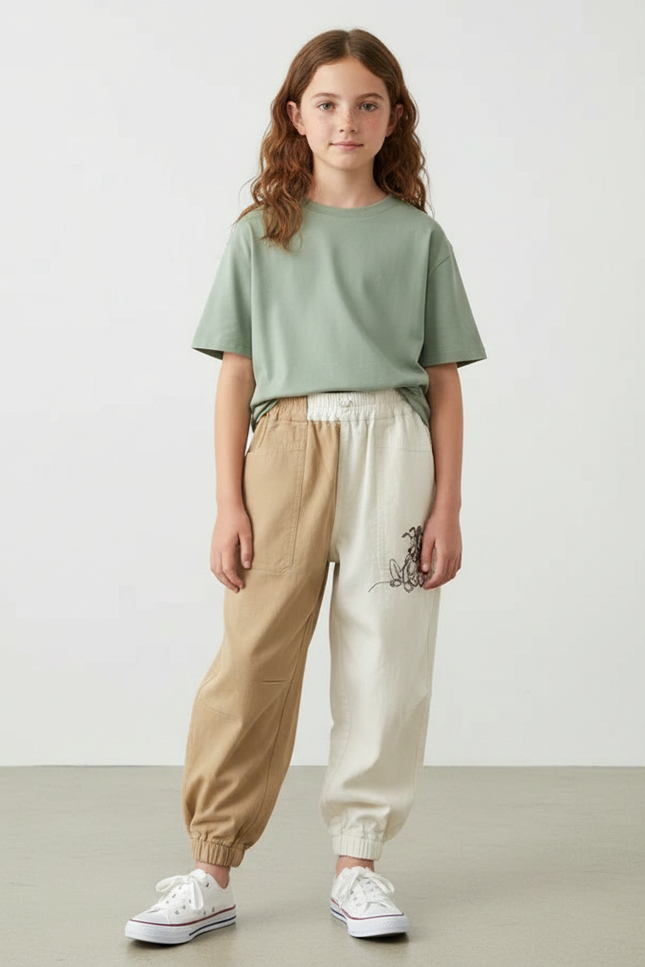 Pantalon Parachute Bicolore Coton Brodé Ample Enfant - Multicolore
