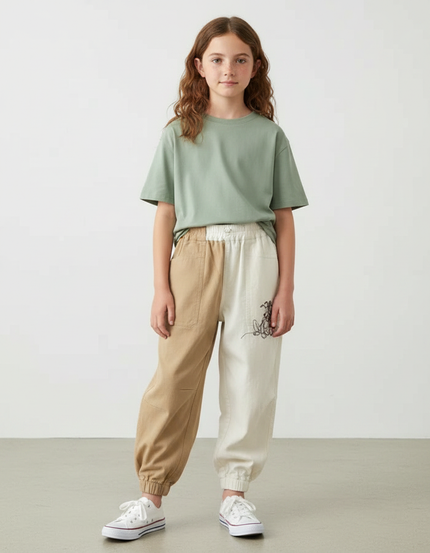 Pantalon Parachute Bicolore Coton Brodé Ample Enfant - Multicolore
