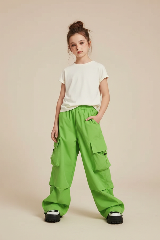 Pantalon Parachute Vert Cargo Ample Décontracté Fille - Polyester