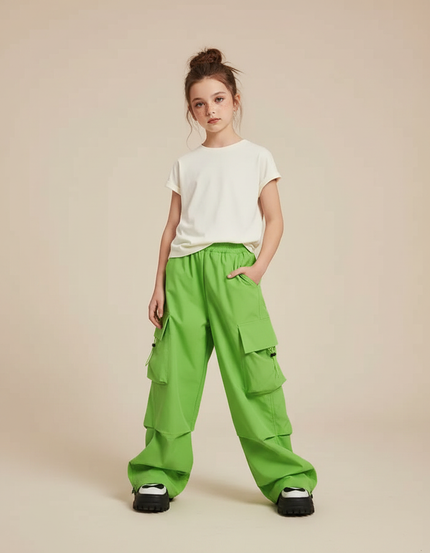 Pantalon Parachute Vert Cargo Ample Décontracté Fille - Polyester