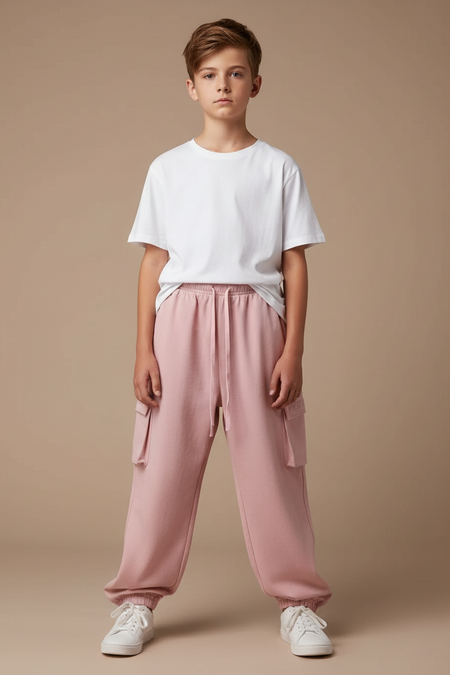 Pantalon Parachute Rose Garçon Ample Cargo Coton - Molleton