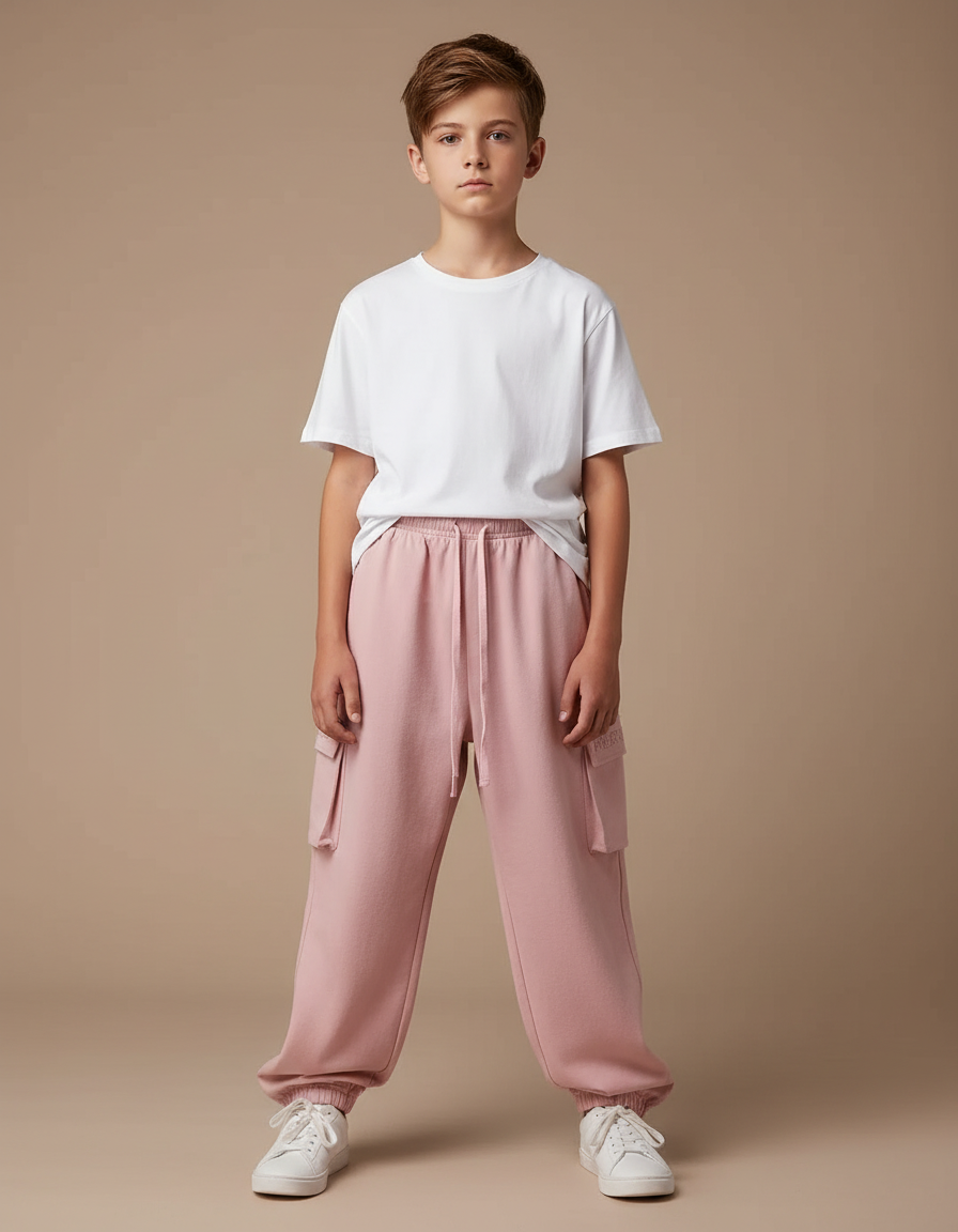 Pantalon Parachute Rose Garçon Ample Cargo Coton - Molleton
