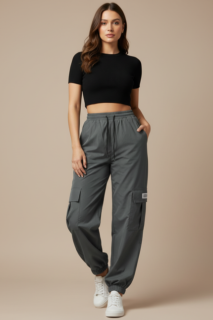 Pantalon Parachute Gris Ample Décontracté Poches - Polyester