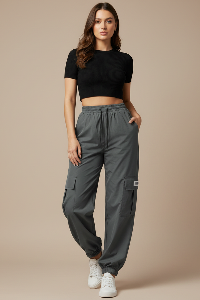 Pantalon Parachute Gris Ample Décontracté Poches - Polyester