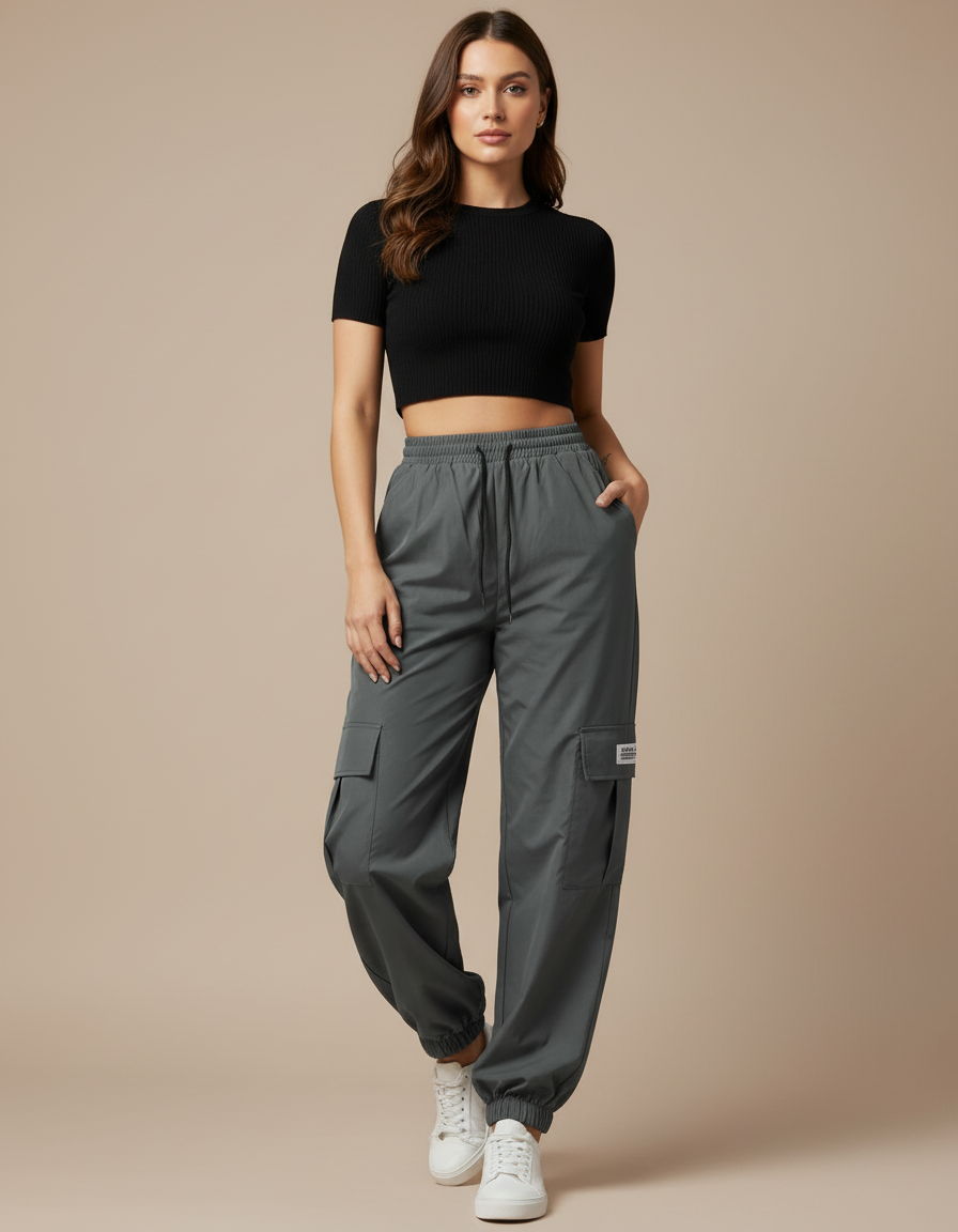 Pantalon Parachute Gris Ample Décontracté Poches - Polyester