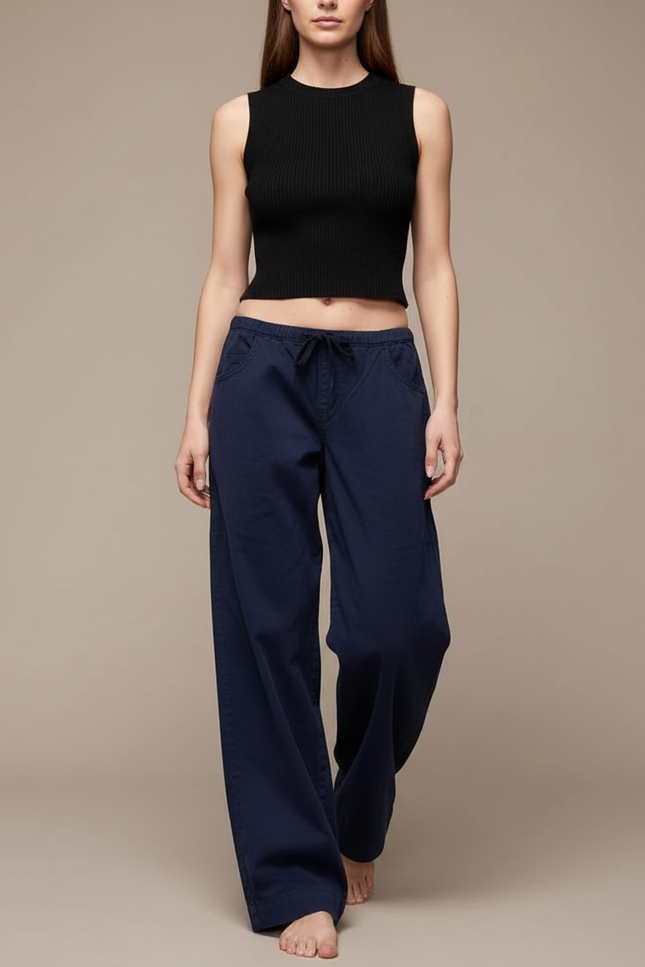 Pantalon Parachute Marine Ample Cordon Décontracté - Toile