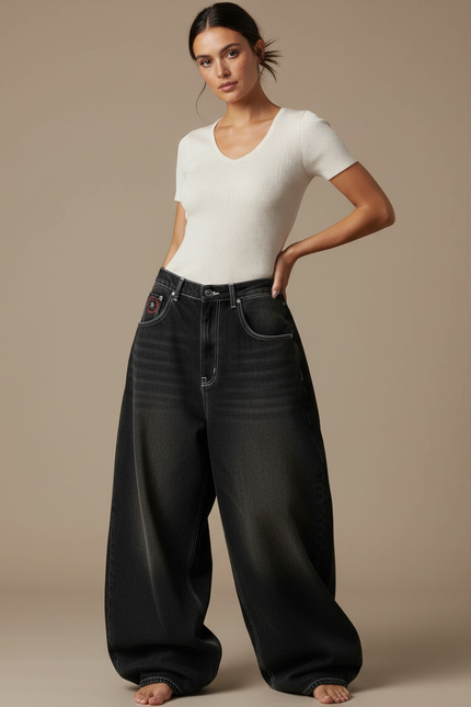 Pantalon Parachute Noir Délavé Ample Denim Femme Y2K - Jean
