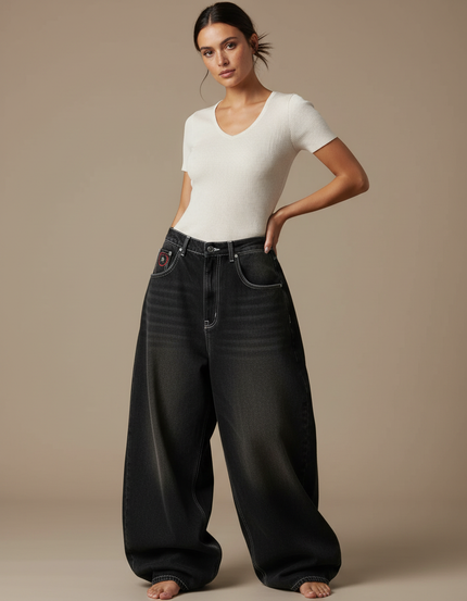 Pantalon Parachute Noir Délavé Ample Denim Femme Y2K - Jean