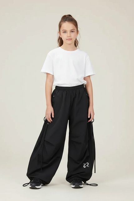 Pantalon Parachute Noir Ample Sport Cordon Fille - Polyester