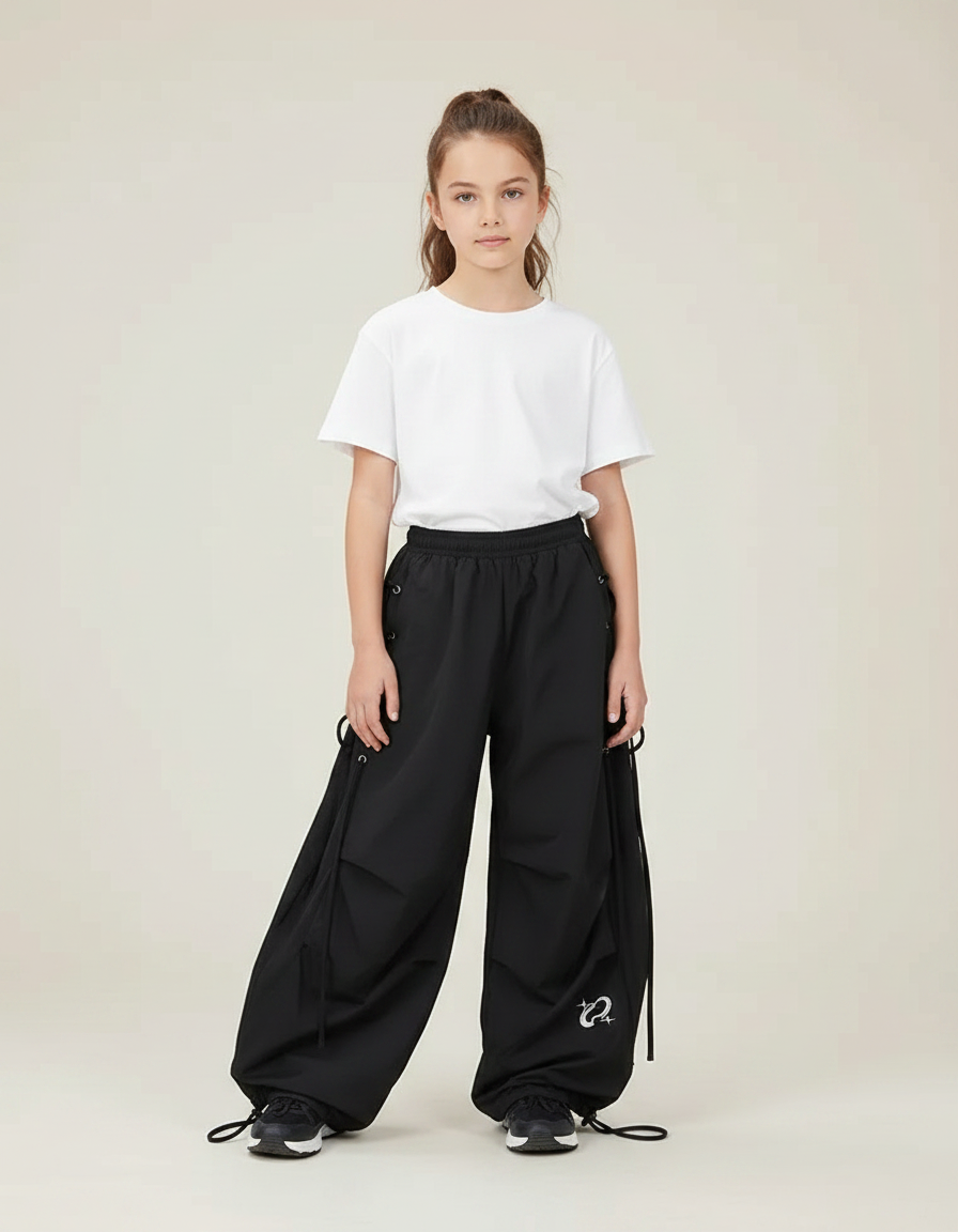 Pantalon Parachute Noir Ample Sport Cordon Fille - Polyester