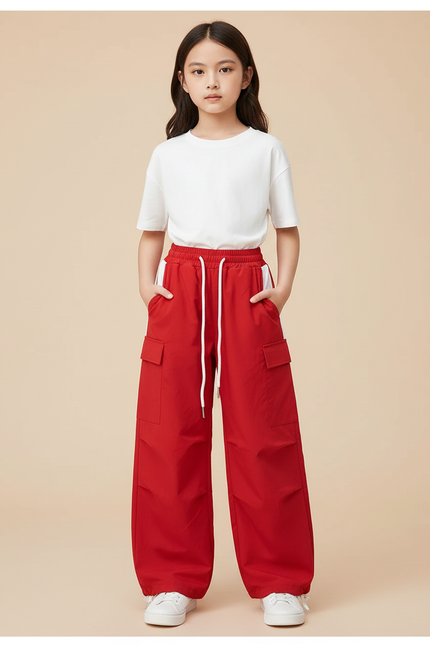 Pantalon Parachute Rouge Ample Cargo Fille Sport - Polyester