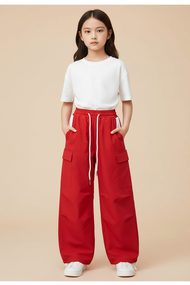 Pantalon Parachute Rouge Ample Cargo Fille Sport - Polyester
