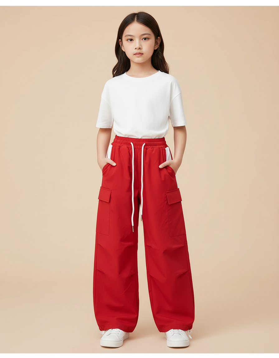 Pantalon Parachute Rouge Ample Cargo Fille Sport - Polyester