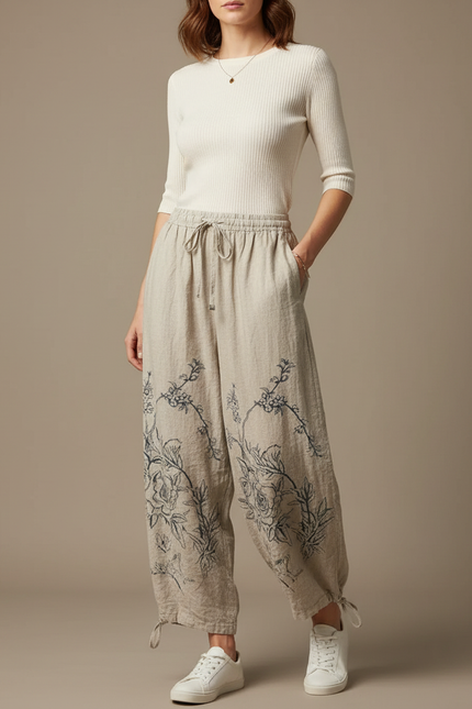 Pantalon Parachute Lin Beige Ample Imprimé Floral Décontracté