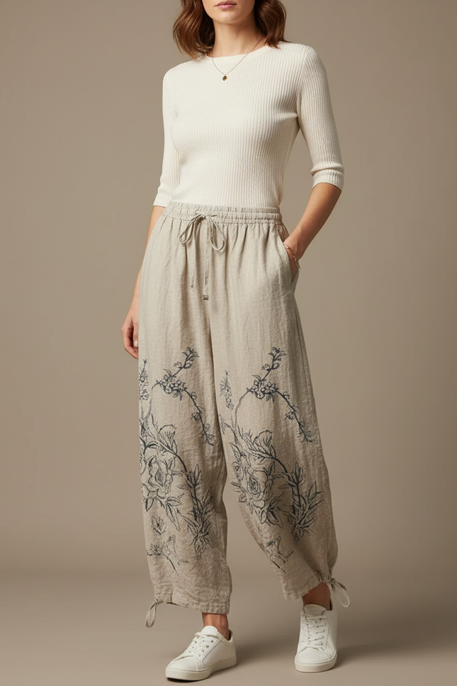 Pantalon Parachute Lin Beige Ample Imprimé Floral Décontracté