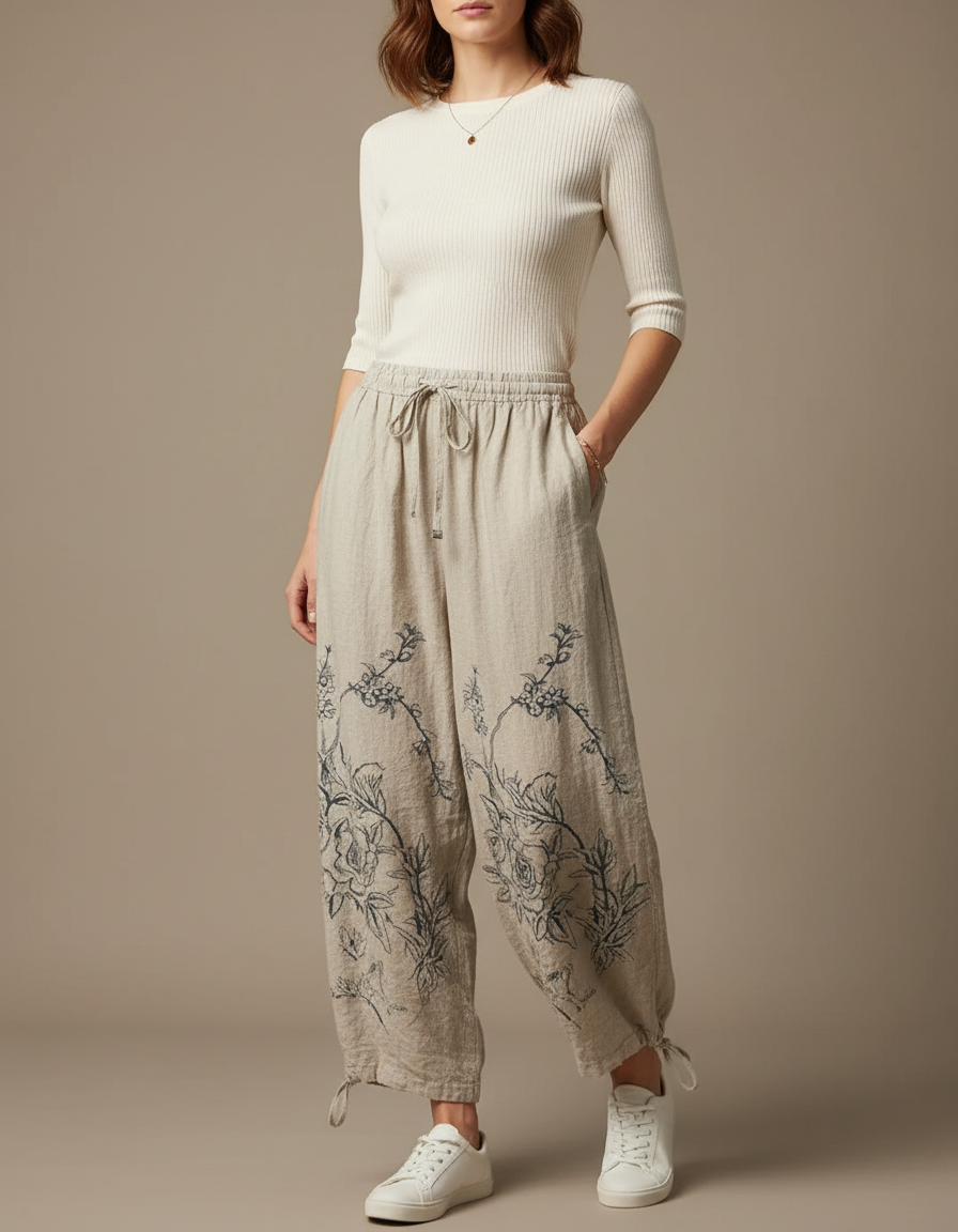 Pantalon Parachute Lin Beige Ample Imprimé Floral Décontracté
