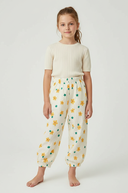 Pantalon Parachute Crème Fleuri Ample Fille Léger - Beige Coton