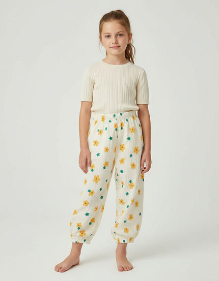 Pantalon Parachute Crème Fleuri Ample Fille Léger - Beige Coton