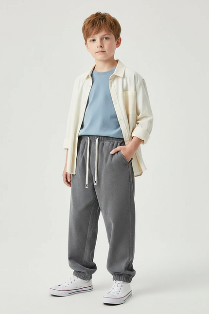 Pantalon Parachute Gris Côtelé Ample Enfant Décontracté - Cordé