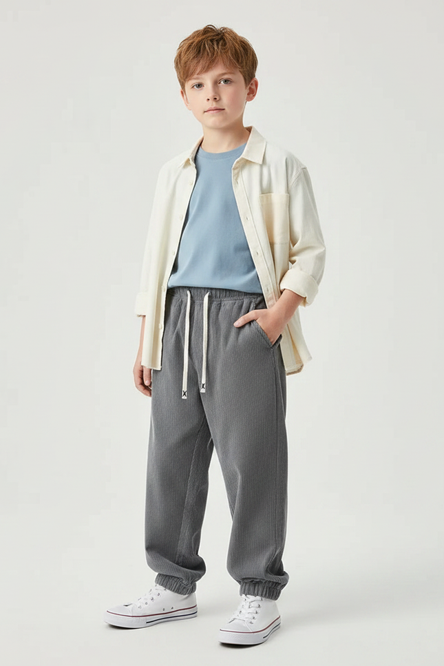 Pantalon Parachute Gris Côtelé Ample Enfant Décontracté - Cordé