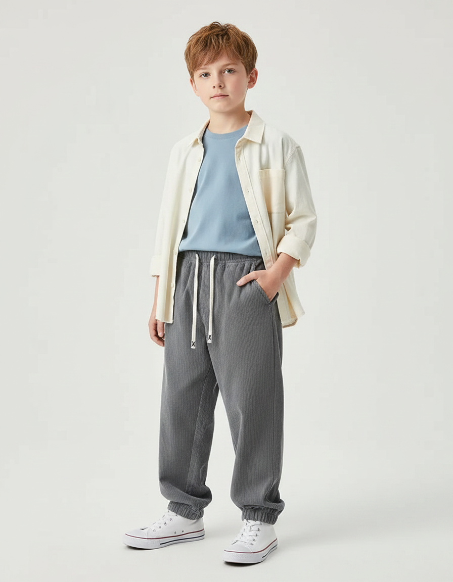 Pantalon Parachute Gris Côtelé Ample Enfant Décontracté - Cordé