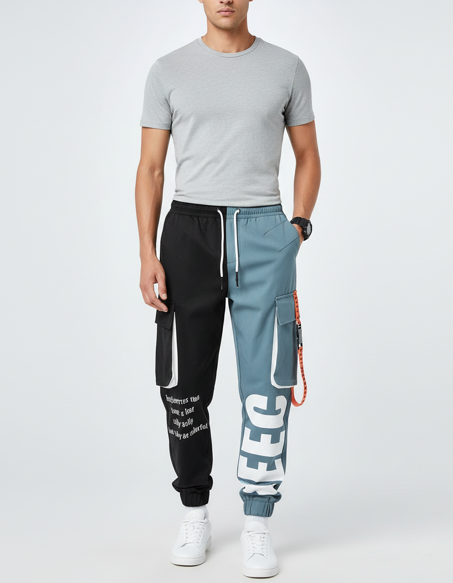 Pantalon Parachute Bicolore Cargo Imprimé Streetwear Homme - Multicolore Polyester