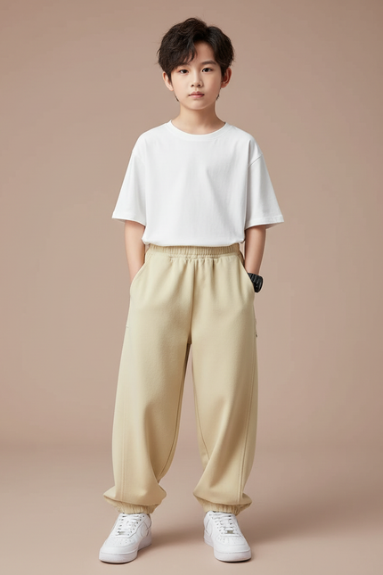 Pantalon Parachute Beige Ample Sportif Enfant Confortable - Molleton