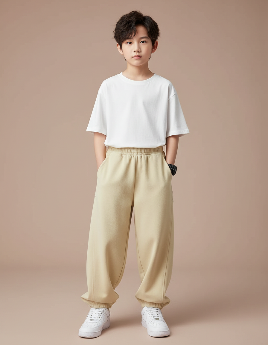 Pantalon Parachute Beige Ample Sportif Enfant Confortable - Molleton
