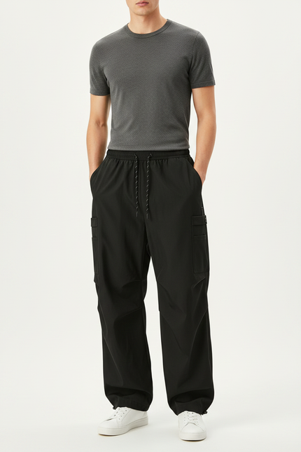 Pantalon Parachute Noir Ample Cargo Streetwear Décontracté - Polyester