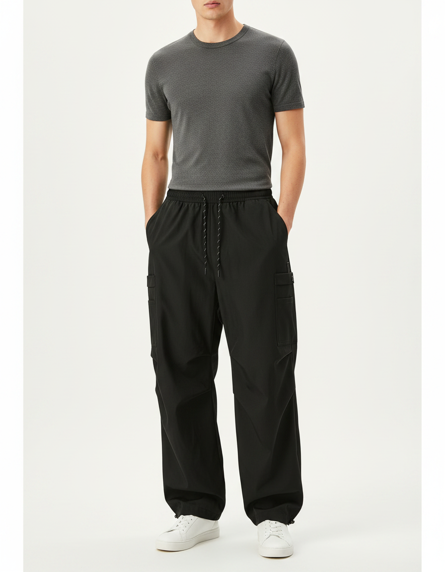 Pantalon Parachute Noir Ample Cargo Streetwear Décontracté - Polyester