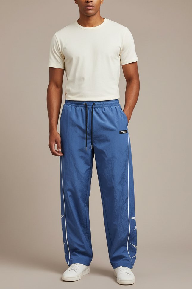 Pantalon Parachute Bleu Ample Sportif Étoiles Latérales - Polyester