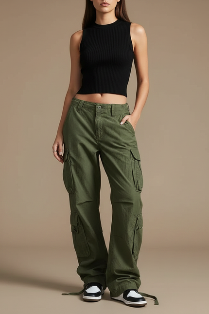 Pantalon Parachute Vert Ample Cargo Femme Streetwear - Kaki Toile