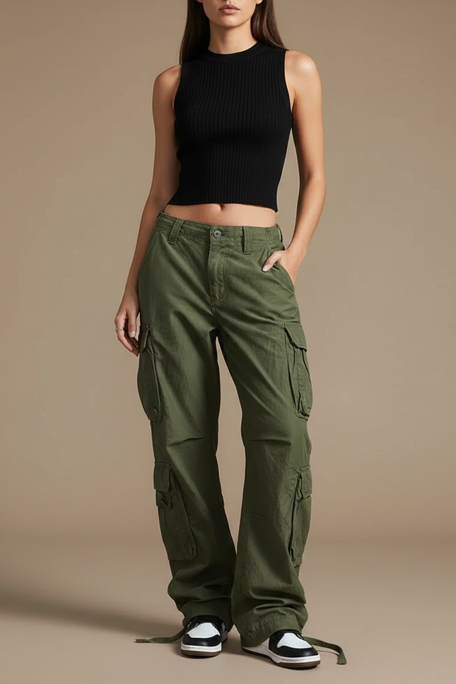 Pantalon Parachute Vert Ample Cargo Femme Streetwear - Kaki Toile