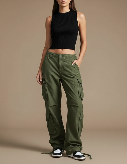 Pantalon Parachute Vert Ample Cargo Femme Streetwear - Kaki Toile