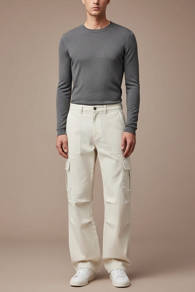 Pantalon Parachute Crème Cargo Ample Décontracté Coton - Beige Toile