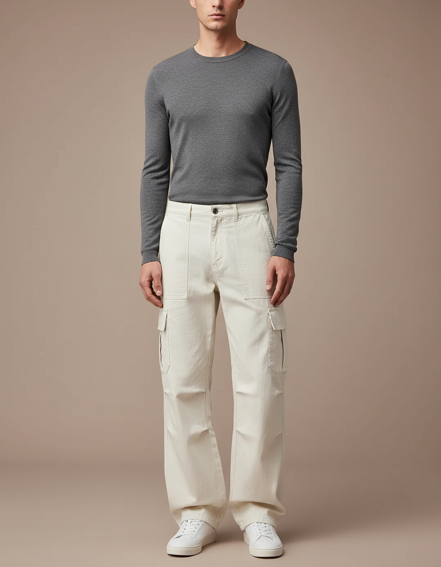 Pantalon Parachute Crème Cargo Ample Décontracté Coton - Beige Toile