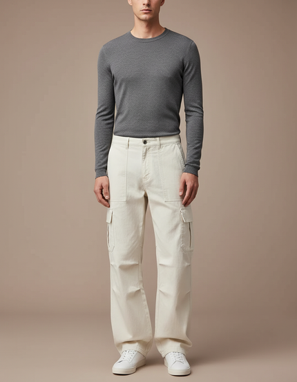 Pantalon Parachute Crème Cargo Ample Décontracté Coton - Beige Toile