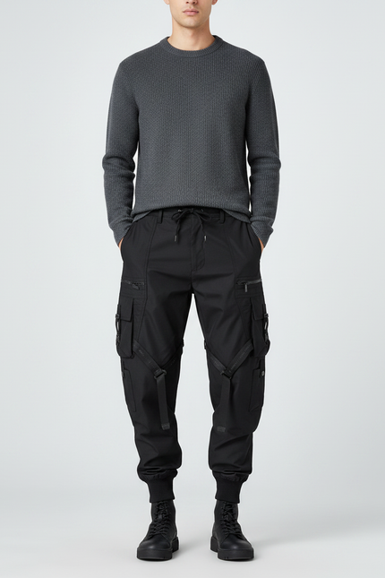 Pantalon Parachute Noir Cargo Tactique Multipoches Homme - Polyester